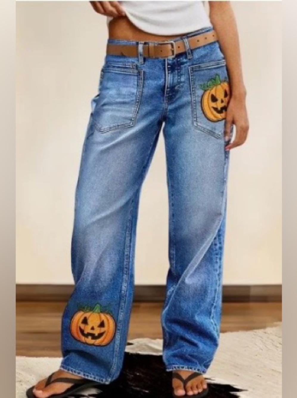 Flamingals Halloween Pattern Mid Waist Straight Leg Jeans